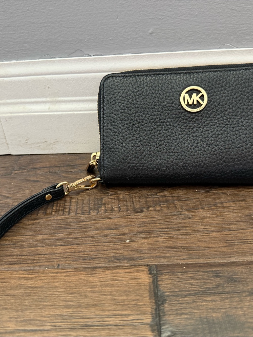 Michael Kors Black Leather Wristlet with Gold Logo